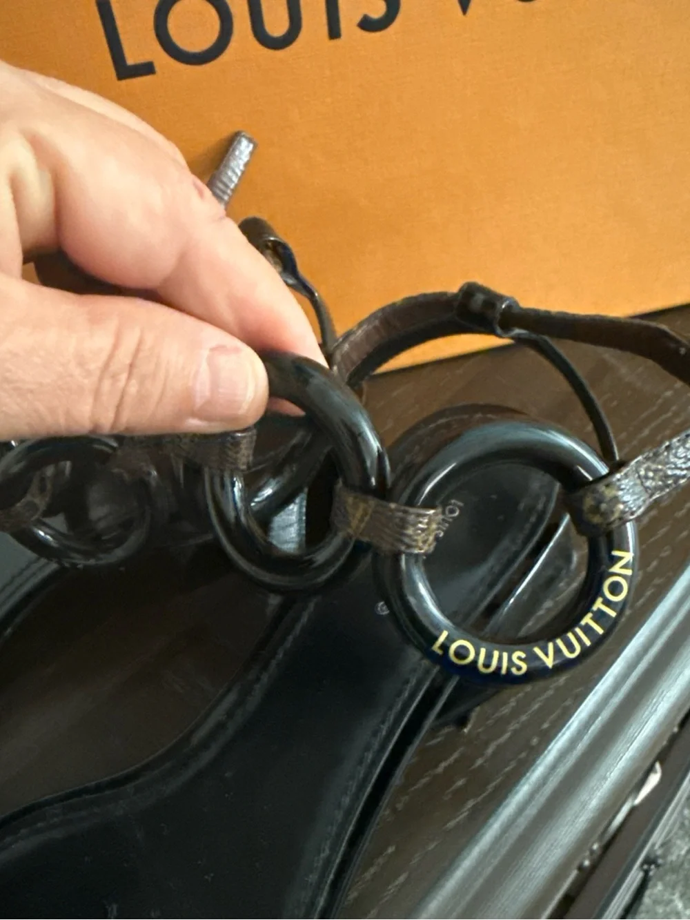 Louis Vuitton Black Patent & Monogram Link Sandals